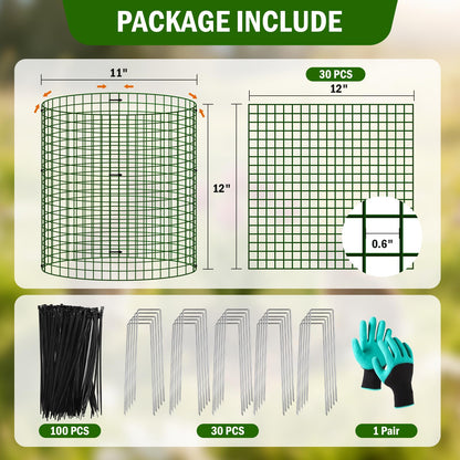 Uyittour 10 Pack Plant Protectors from Animals, 12" x 12" Round Metal Wire Garden Plant Cages to Keep Animals Out, Rabbit Proof Protection for Vegetables & Flowers with Stakes, Zip Ties & Gloves