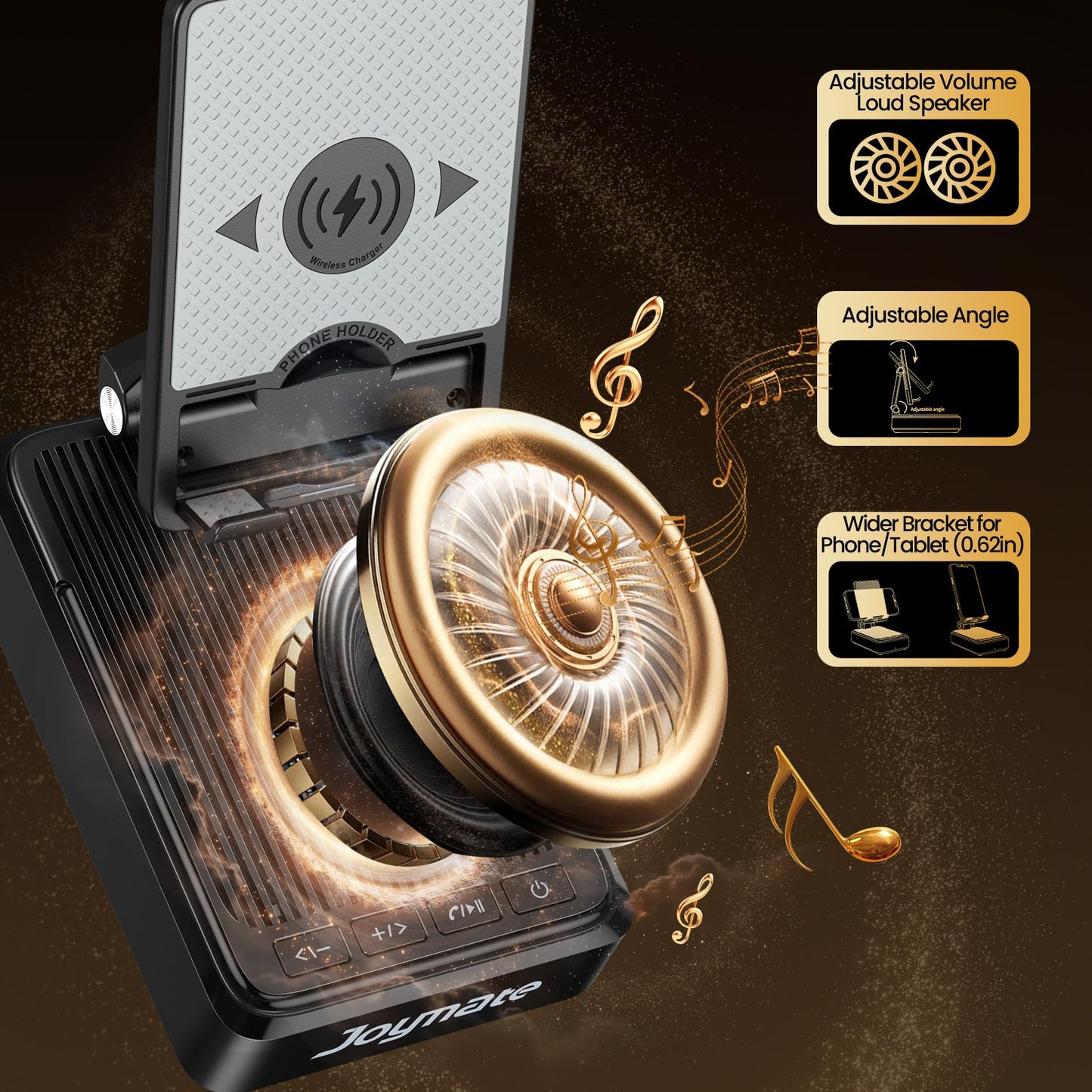 Joymate Gifts for Men and Women, Wireless Phone Charger Stand with Bluetooth Speaker and Adjustable Angle Phone Holder for Desk Tech Gift for Birthday/Valentines Day/Christmas(Black)