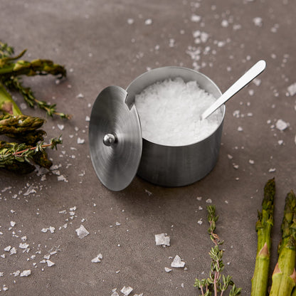 RSVP International Endurance Kitchen Collection Salt Cellar Set with Spoon, 4-Ounce, Brushed Stainless Steel