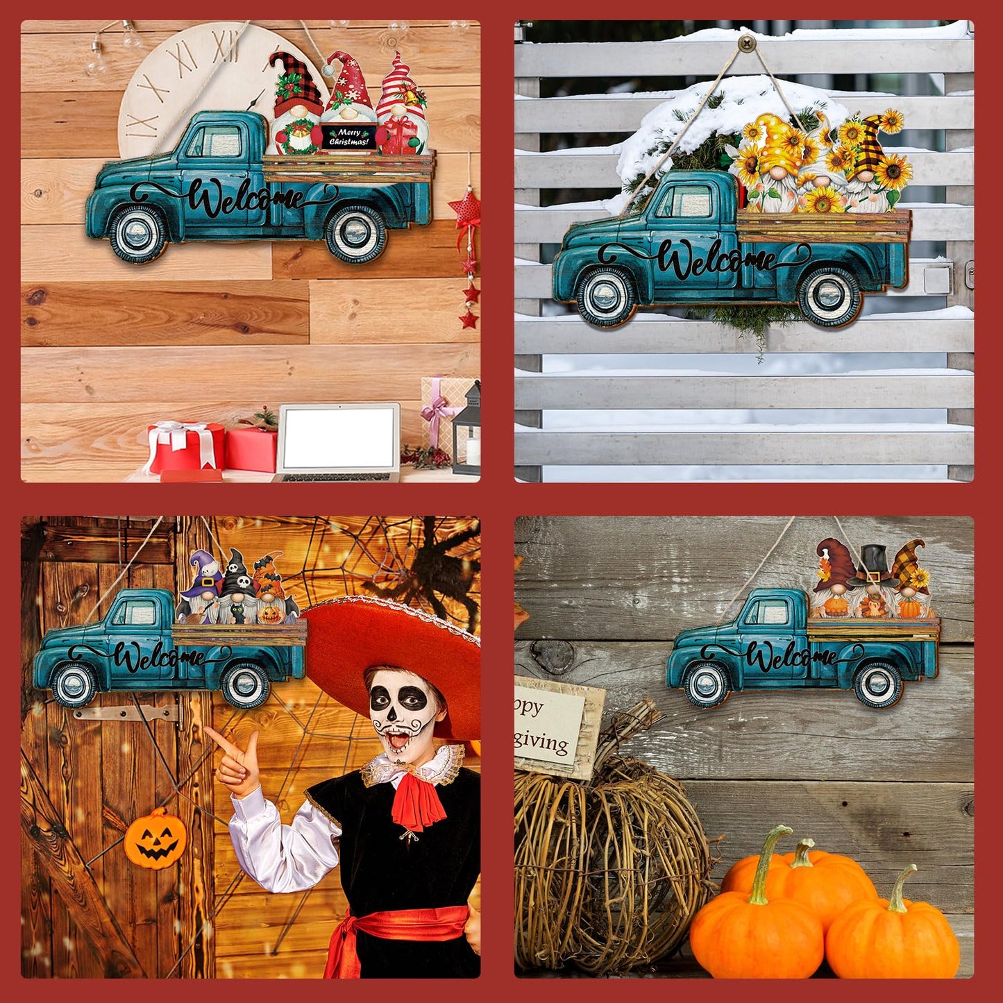 Chitidr Spring Summer Interchangeable Gnome Welcome Sign, 1 Seasonal Wooden Truck Door Hanger with 22 Spring Summer Holiday Gnome Decorations (Blue)