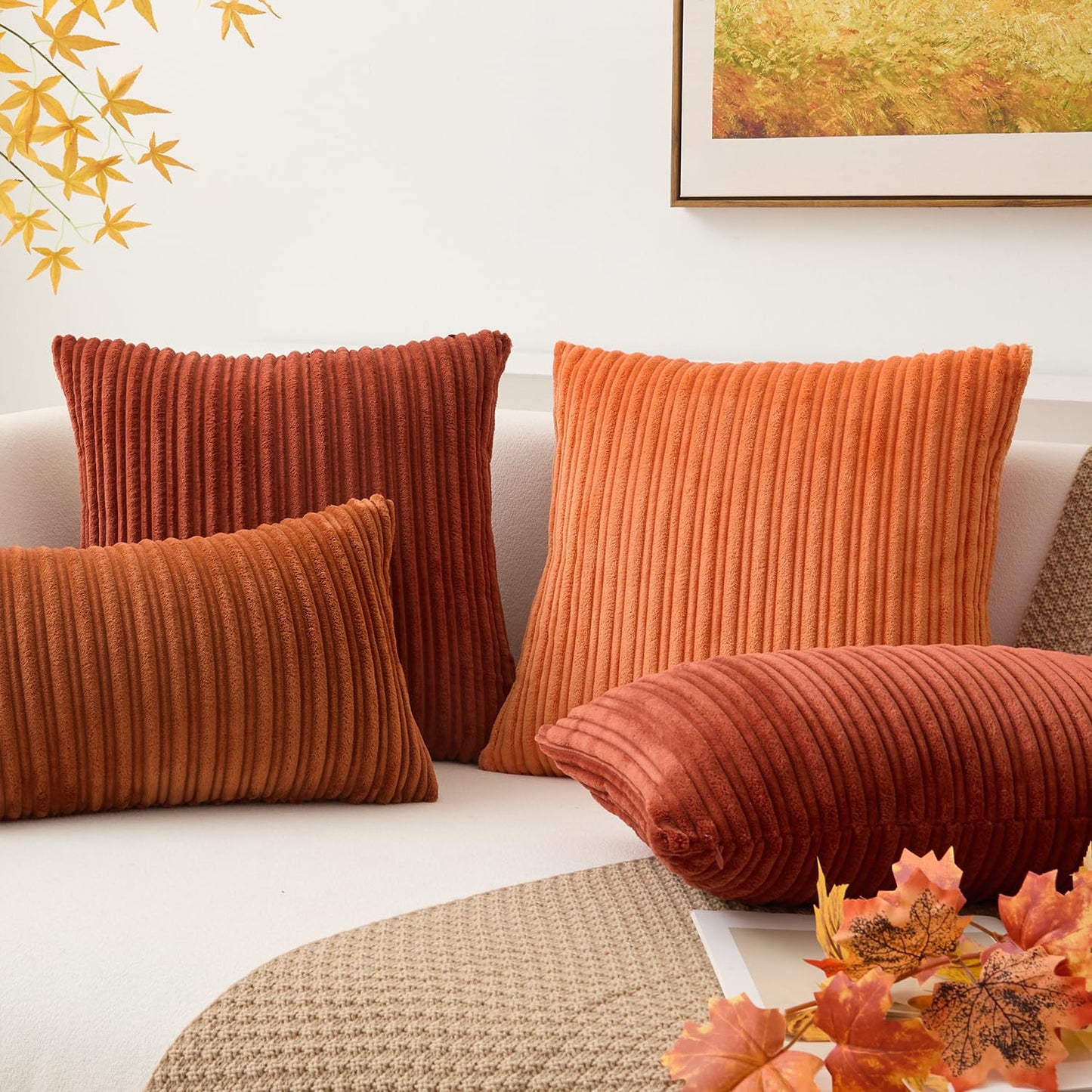 Kevin Textile Fall Pillow Covers 18x18 Striped Corduroy Velvet Cushion Covers Set of 2 Baby Square Decorative Pillowcase for Seasonal Autumn, 18 x 18 inch, Orange