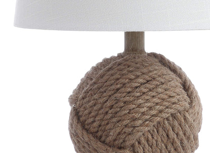 JONATHAN Y 18" Natural Monkey Fist Rope Ball LED Table Lamp, Coastal Nautical Iron and Rope Accent Lamp for Living Room Bedroom, White Linen Shade, LED Bulb Included JYL6500A