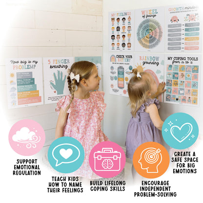 Hadley Designs 9 Calming Corner Posters for Classroom Must Haves - Calm Down Corner Supplies with Emotions Chart, School Counselor Mental Health Poster, Feelings Chart For Kids, Boho Classroom Decor