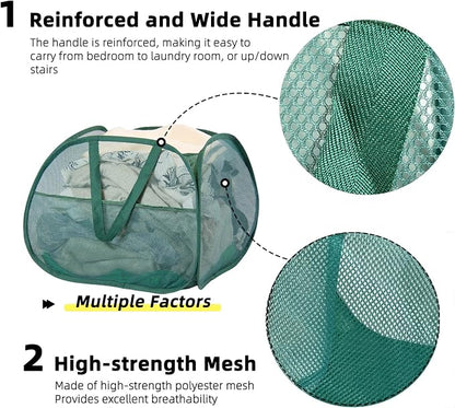 Collapsible Laundry Basket, 90L Foldable Pop Up Laundry Hamper with Handles, Mesh Dirty Clothes Hamper for Laundry, Bathroom, Kids Room, Dorm,Travel or Camping (Green, 2PCS)