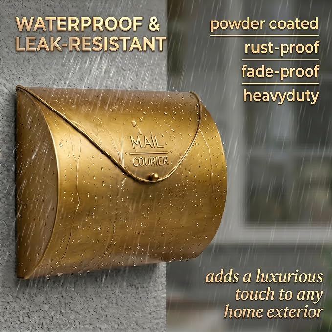 Gold Wall Mount Mailbox for Outside,Waterproof Metal Mailboxes with Rust-Proof Galvanized Steel,Large Capacity Envelope Mailbox for House,12.99 x 10.35 x 3.5 Inch