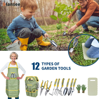 Set of 12 Garden Tool, iHansee Heavy-Duty Aluminum Gardening Hand Tools with Rubber Non-Slip Handle, Garden Apron, Gloves, Kneeling Pad and Storage Bag, Garden Hand Tools Starter Kit Landscaping Tools