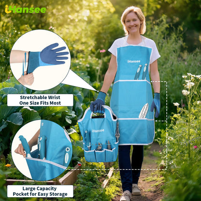 Blue Garden Tool Sets 12-Piece, Aluminum Gardening Hand Tools w/Ergonomic Handle, Garden Supplies Organizer Handbag, Kneeling Pad, Apron and Gloves, Gift for Women, Garden Starter Kit for Women