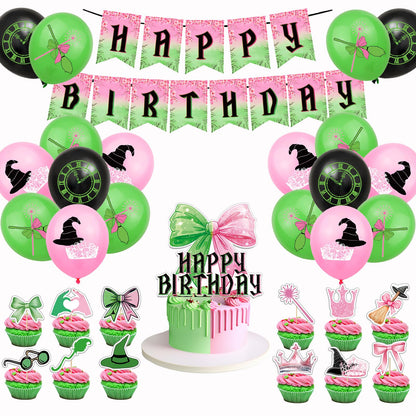 Pink and Green Party Decorations Happy Birthday Banner Balloons Cupcake Toppers and Cake Toppers for Girls Women Baby Shower Princess Witch Birthday Party Decorations