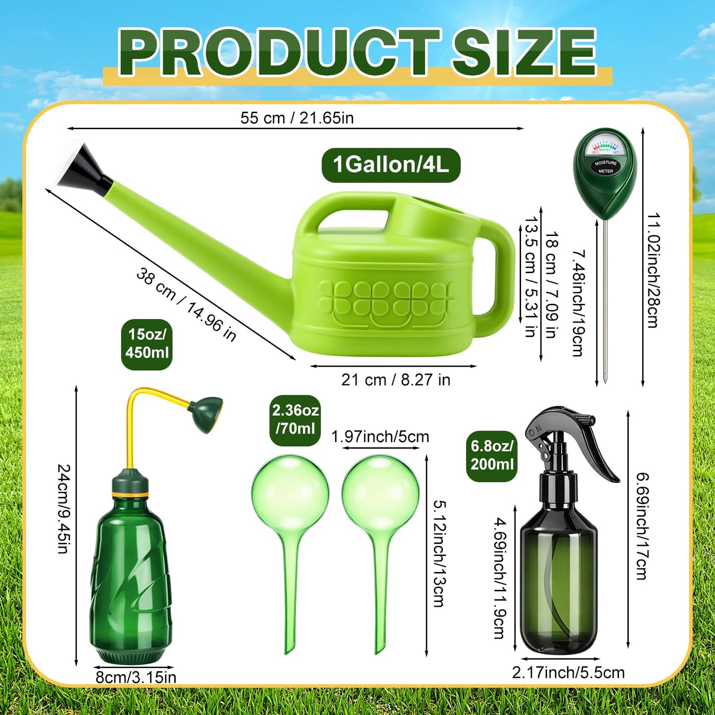 Reallnaive 6-piece Indoor Watering Can Set – 1 Gal Can, 6.8 oz Spray, 15 oz Squeeze, Plant Watering Globes & Soil Moisture Meter, Indoor & Outdoor Plant Care(Grass Green)