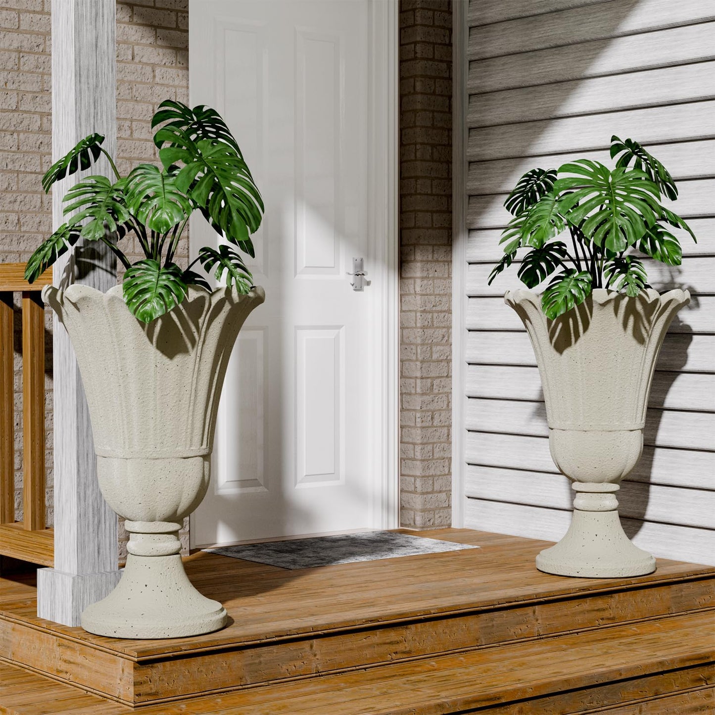 Trygoal 23.6" Tall Plastic Urn Planters for Outdoor Plants, Set of 2 Heavy-Duty Classic Indoor Large Flower Pots with Drainage Holes & Petal Design, Outdoor Planters for Porch, Home Garden, White