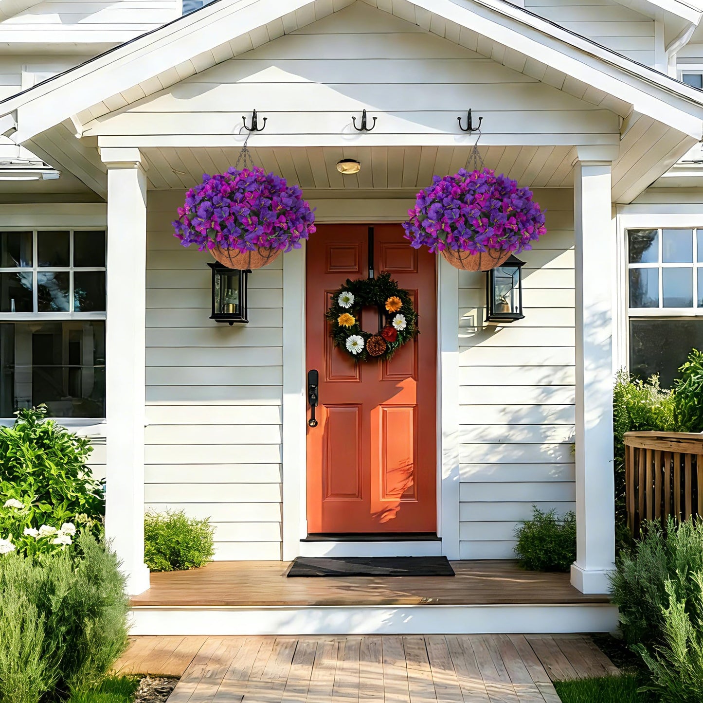 Artificial Hanging Flowers Plant with Basket for Outdoors Spring Decor, Fake Hanging Plants Faux Bougainvillea in Planter Look Real UV Resistant Silk Flowers for Outside Porch Patio Garden Home, Mix