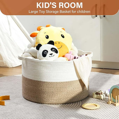 Foldable Laundry Hamper Basket with Collapsible Handle Cotton Rope Soft Woven Fabric Storage Organizer Clothes Toys Nursery Bedroom Dorm Space Saving Bin (White & Brown, 115L(23.6"D x 15.7"H))