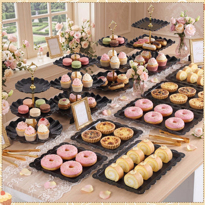 Remerry 16 Pcs Dessert Table Display Set 3 Tier Cupcake Stands Tower Holder Plastic Cookie Serving Trays Gold Serving Tongs for Tea Party Wedding Baby Shower Birthday Table Display(Black)
