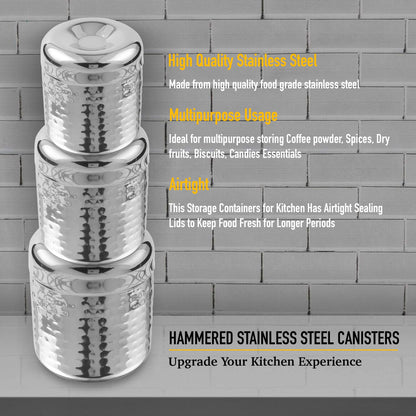 CRAFTONE Stainless Steel Hammered Containers Set of 3 with Spoon, Ideal for Tea, Coffee, Sugar, Masala Storage Sugar Container with Lid for Salt, Coffee, Dishwasher Safe (10 Oz, 15 Oz, 20 Oz)