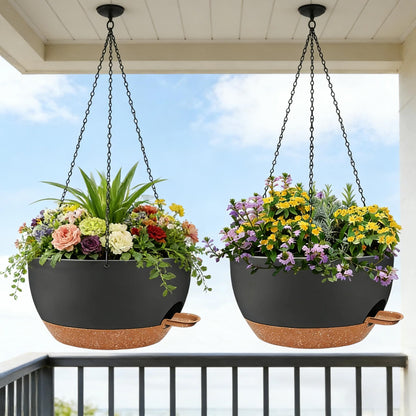 zople 2 Pack 12 Inch Self Watering Hanging Planters for Indoor Plants, Large Black Brown Plastic Hanging Pots with Chains for Outdoor Patio Garden Home Decor Black Brown