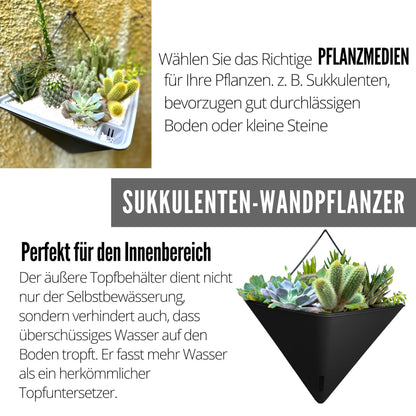 LaLaGreen Wall Planters for Indoor Plants - 2 Pack, 12 Inch Large Self Watering Black Geometric Hanging Flower Vase Vessel with Metal Hanger, Modern Stylish Wall Mounted Succulent Pot Holder Decor