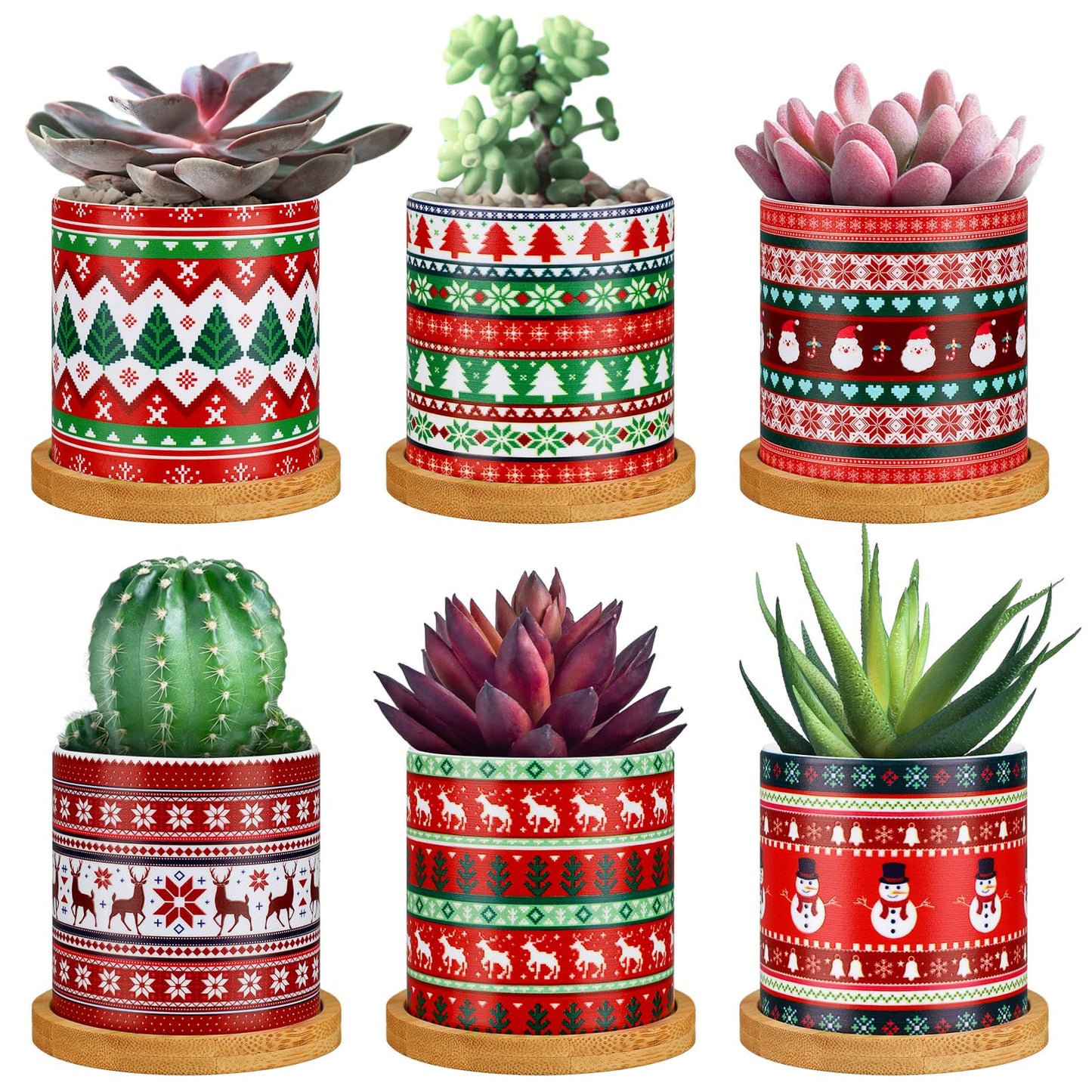 Tioncy 6 Pcs Christmas Plant Pots 3.15'' Christmas Ugly Sweater Plastic Succulent Planters with Drainage and Tray for Indoor Plants Small Plant Pot Set Plant Containers for Outdoor Planters