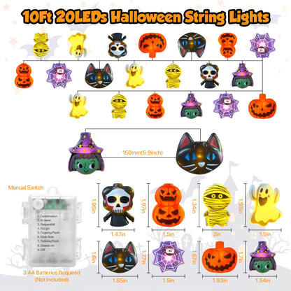 LUTW Halloween Lights Decorations, 10Ft 20 LED Halloween Lights Battery Operated with Timer Waterproof, 8 Lighting Modes, Cute Halloween's String Light for Indoor Outdoor Window Porch Decor