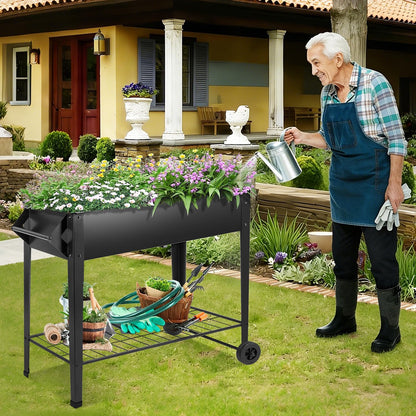 AURORAKI 32" Rolling Raised Garden Bed with Wheels, Heavy Duty Metal Elevated Planter Box, Outdoor Flower Cart Plant Stand, Raised Planter with Storage Shelf for Patio Balcony Backyard Growing
