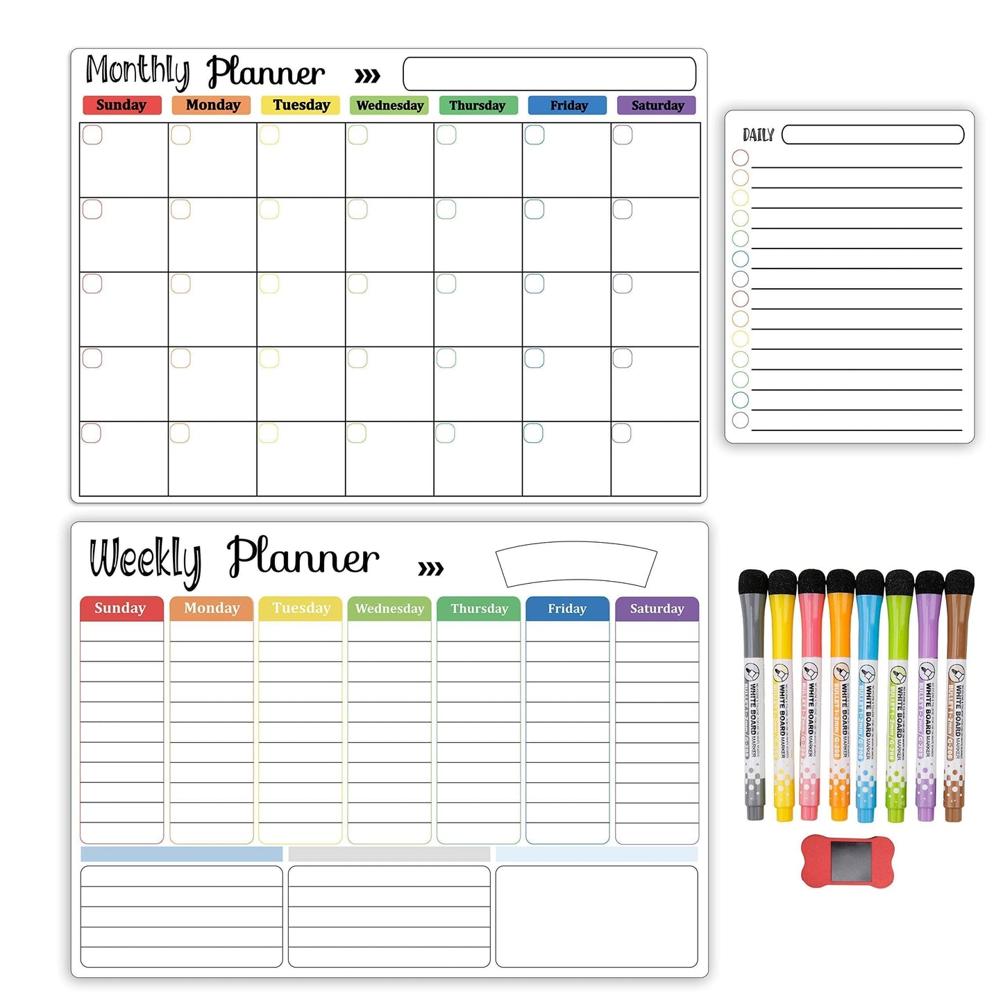 Hivillexun 3-Pack Magnetic Dry Erase Calendar Whiteboard Set for Fridge, Wall & Refrigerator Organisation – Monthly, Weekly & Daily Planners – Includes 8 Markers & Eraser