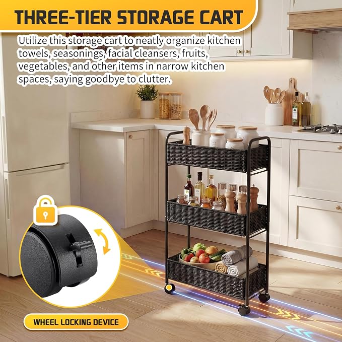 FOCHIER F Utility Slim Storage Cart,3-Tier Rolling Kitchen Office Laundry Room Cart,Mobile Shelving Unit Organizer for Living Room Bathroom Baby Diaper Narrow Places (Black, 3 Tiers-7.1 inch (W))
