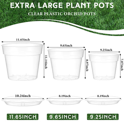 Baderke 3 Pack Clear Nursery Pot Plastic Nursery Pot Large Plant with Drainage Holes for Root Health Indoor Outdoor (9.25 Inches,9.65 Inches,11.65 Inch)