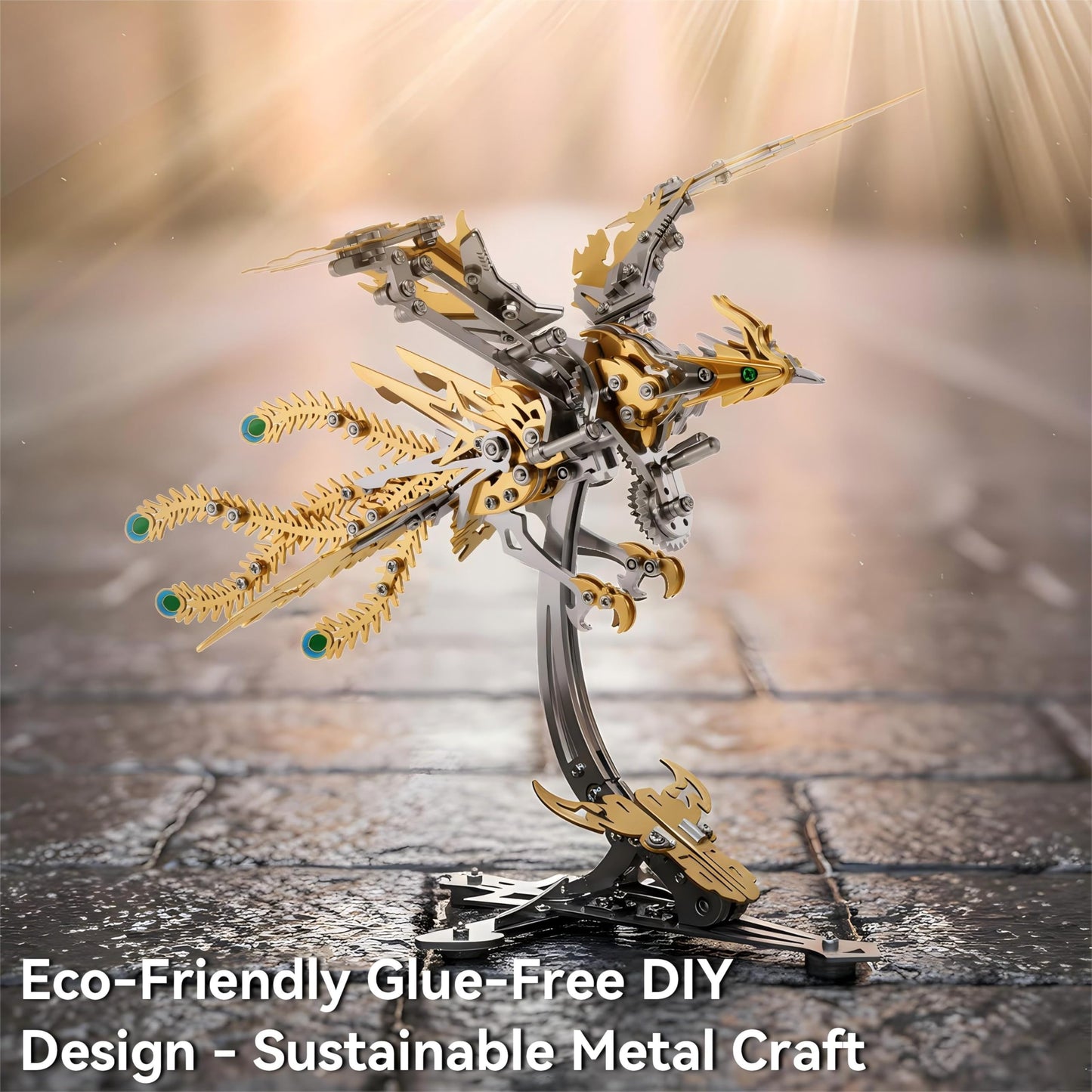 Gold-Plated Metal Phoenix Model Kit - 3D Stainless Steel Mythical Bird Puzzle for Adults - Mechanical Firebird Figurine - Steampunk Kinetic Art Sculpture - Home Decor Gift(Phoenix-Gold)