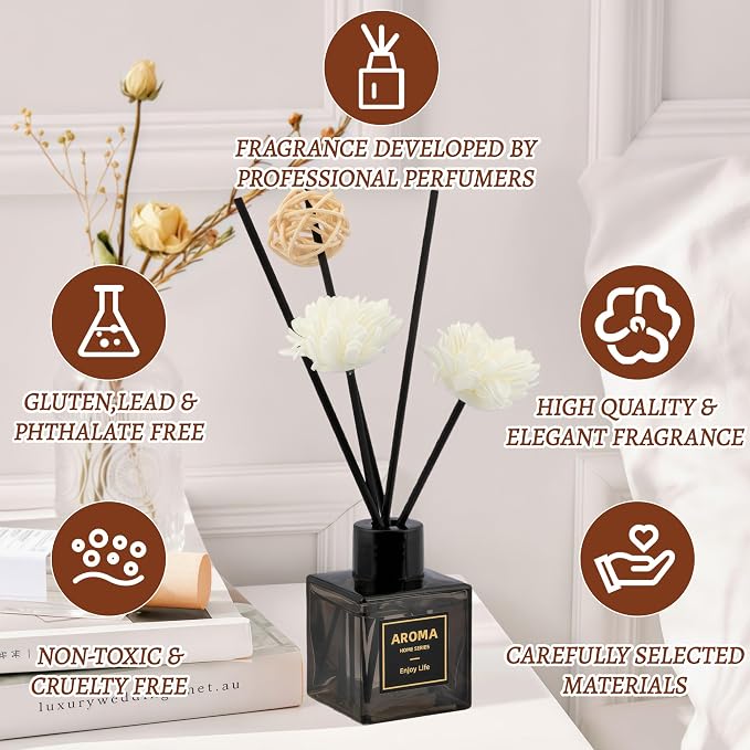 Black Glass Bottle Scent Diffuser, 1.7 oz Reed Diffuser with Sticks, Home Fragrance for Bookshelf, Bedroom Vanity, Office Desk & Bathroom Decor, Air Freshener for Aesthetic Room Decor