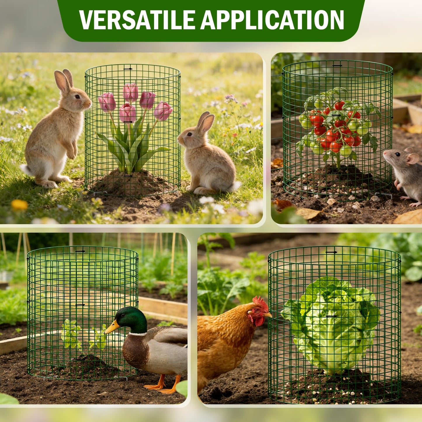 Uyittour 10 Pack Plant Protectors from Animals, 12" x 12" Round Metal Wire Garden Plant Cages to Keep Animals Out, Rabbit Proof Protection for Vegetables & Flowers with Stakes, Zip Ties & Gloves