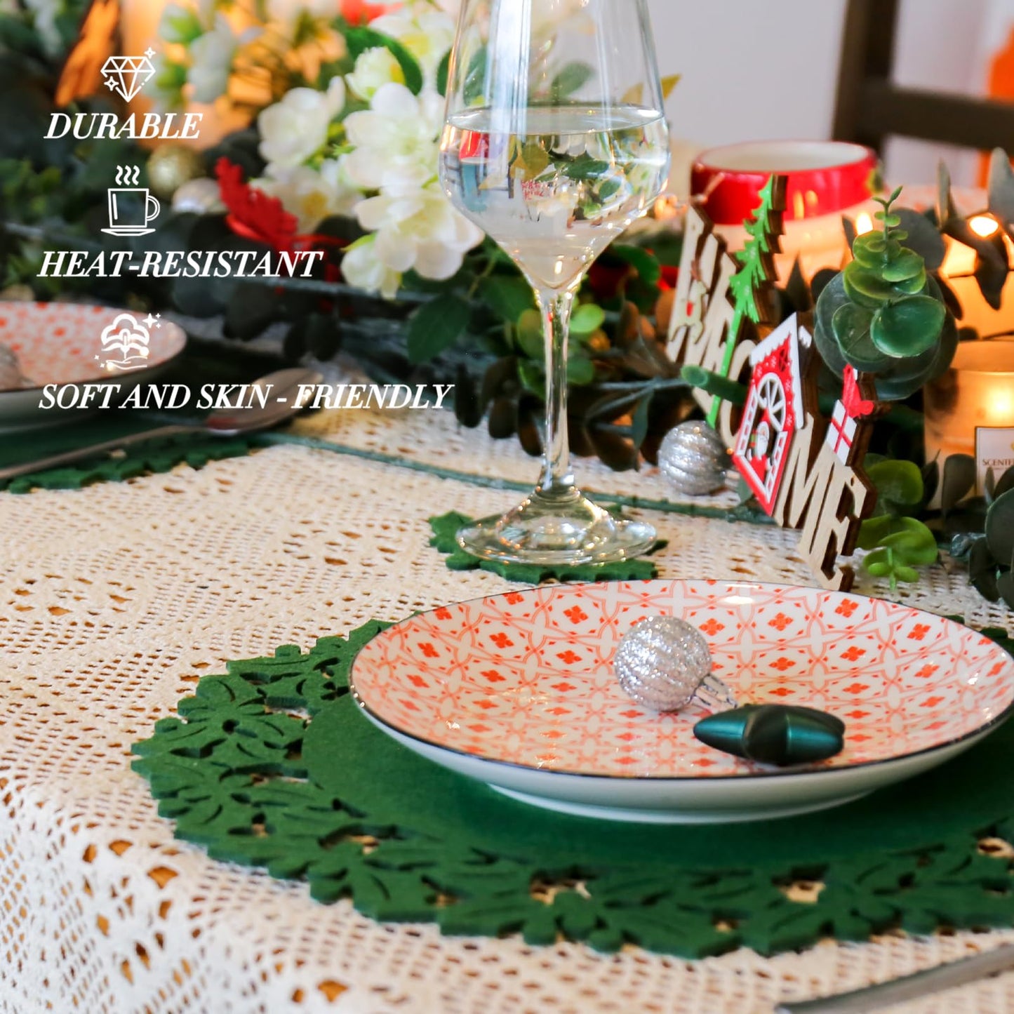 Noctiflorous Round Felt Placemats with Coasters Set of 6 Diameter 13 inch Non Slip Place Mats Heat Resistant Durable Tablemats Fall Table Decorations for Dining Table(Christmas Green, 6)