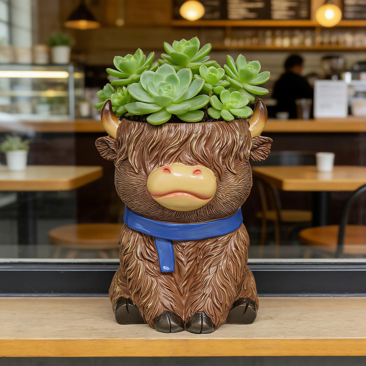 ASDFG Cute Highland Cow Planter Pot - Resin Succulent Pot with Drainage, Aesthetic Scottish Cow Flower Pot for Boho Home Decor, Desk, Patio | Unique Cow Gifts for Women, Mom, Plant Lovers (Brown)