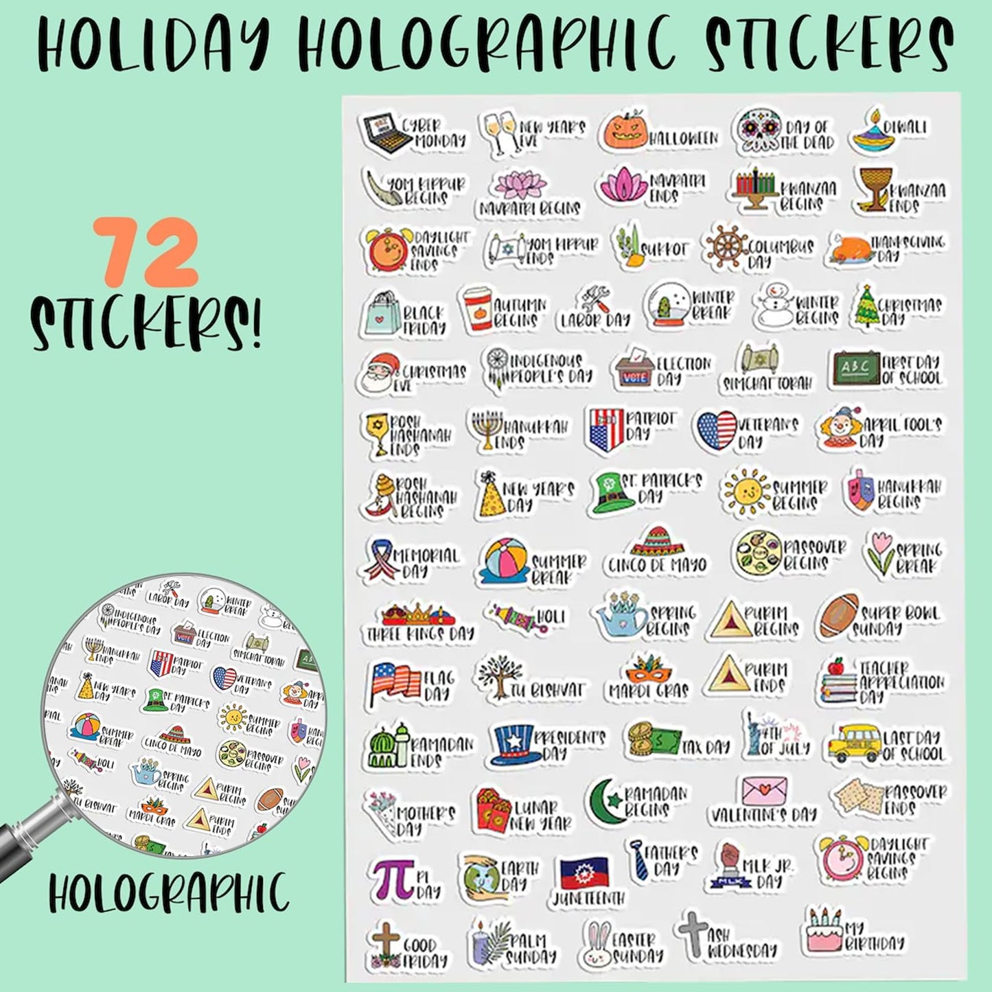 Holiday Planner Stickers Pack of 5 Sheets Cute Holiday Icon with Us Holidays Decorative Planner Stickers for Calendar Bullet Journal Scrapbook Waterproof PVC