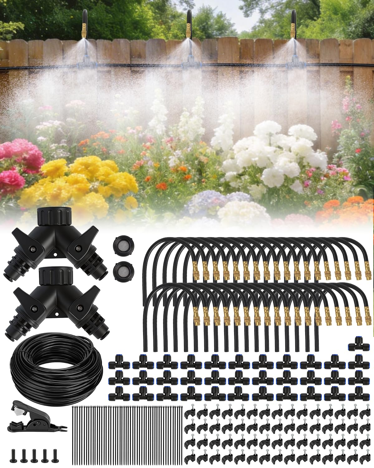 Landtouch 240FT Drip Irrigation System for Garden with 36 Nozzles –360° Adjustable Misting Nozzles, Quick-Connect Design, Ideal for Raised Beds, Lawns, Greenhouses & Outdoor Cooling