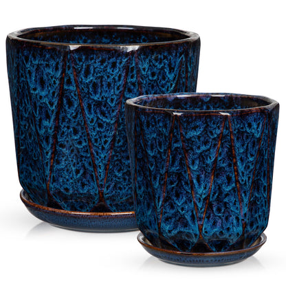 Oairse Ceramic Pots for Plants, 8+6 inch Plant Pots with Drainages Holes & Saucers Large Blue Ceramic Planters Decorative Flower Pot for Indoor Plants Outdoor Inoor