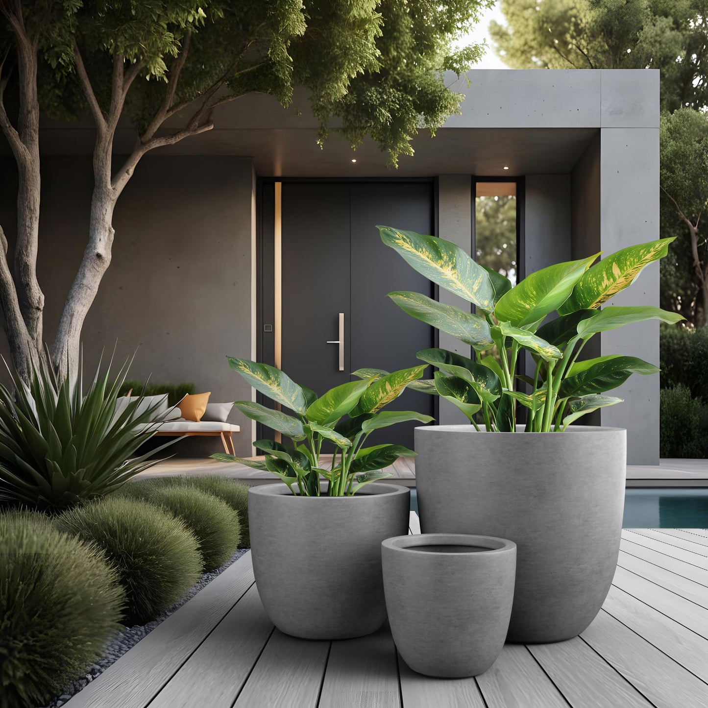 Kante Round Concrete Planter Set of 3, Large Outdoor Indoor Plant Pots with Drainage Hole, 10/14/18-Inch Diameter Flower Pots for Patio, Garden and Home, Gray