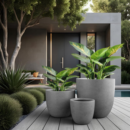 Kante Round Concrete Planter Set of 3, Large Outdoor Indoor Plant Pots with Drainage Hole, 10/14/18-Inch Diameter Flower Pots for Patio, Garden and Home, Gray