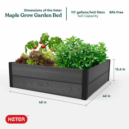 Keter 48" X 48" inches Wood Look Raised Garden Bed, Durable Outdoor Herb Garden Planter for Vegetables, Flowers, and Succulents, Grey