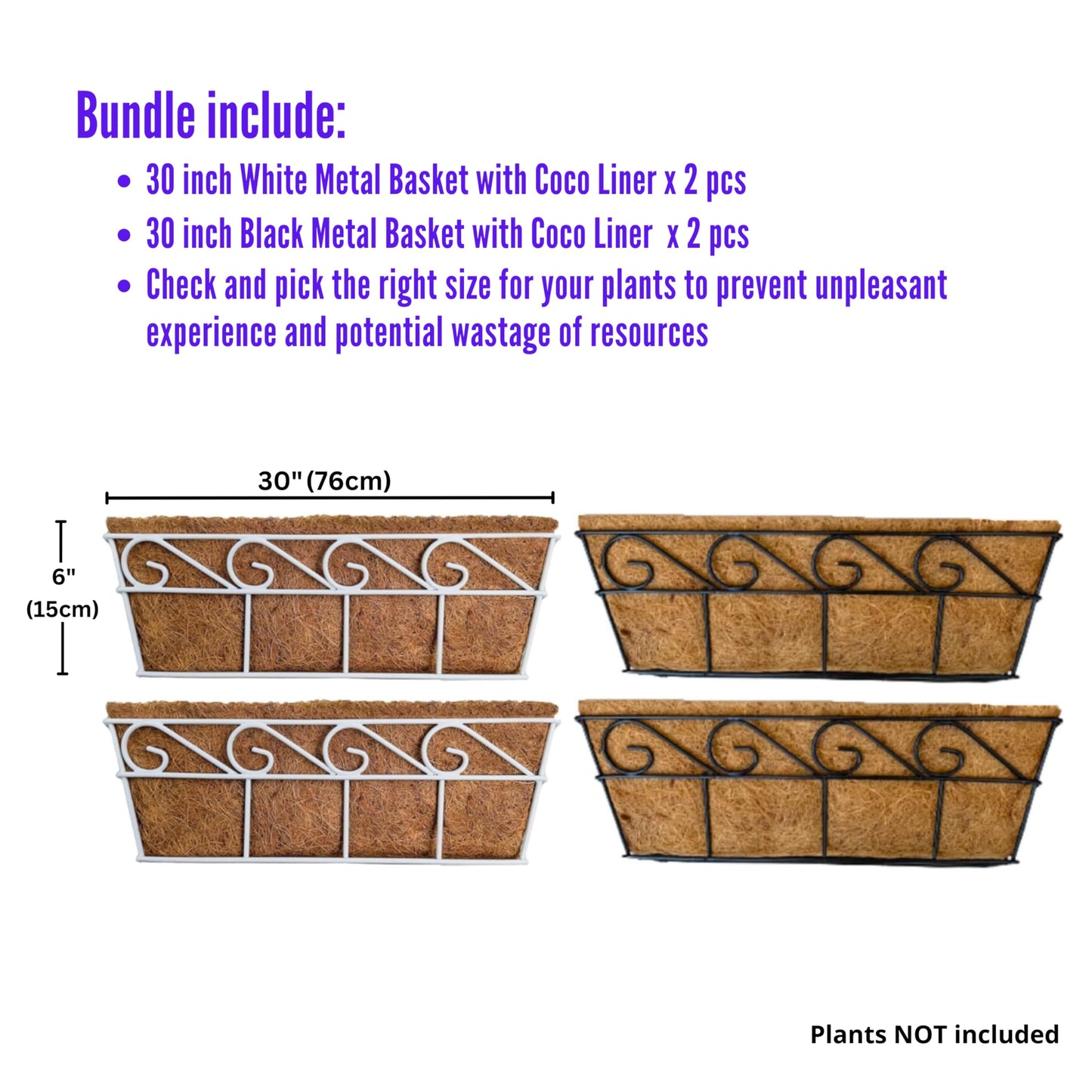LaLaGreen Bundle (2 Pack, 30 Inch White + 2 Pack, 30 Inch Black) Window Flower Boxes Basket Outdoor, Balcony Planter Over The Rail, Deck Railing Metal Horse Troughs Fence Patio Porch Garden Decor