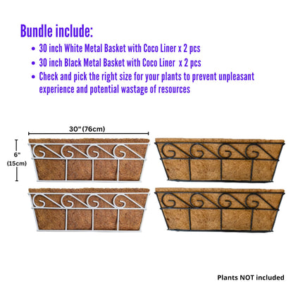LaLaGreen Bundle (2 Pack, 30 Inch White + 2 Pack, 30 Inch Black) Window Flower Boxes Basket Outdoor, Balcony Planter Over The Rail, Deck Railing Metal Horse Troughs Fence Patio Porch Garden Decor