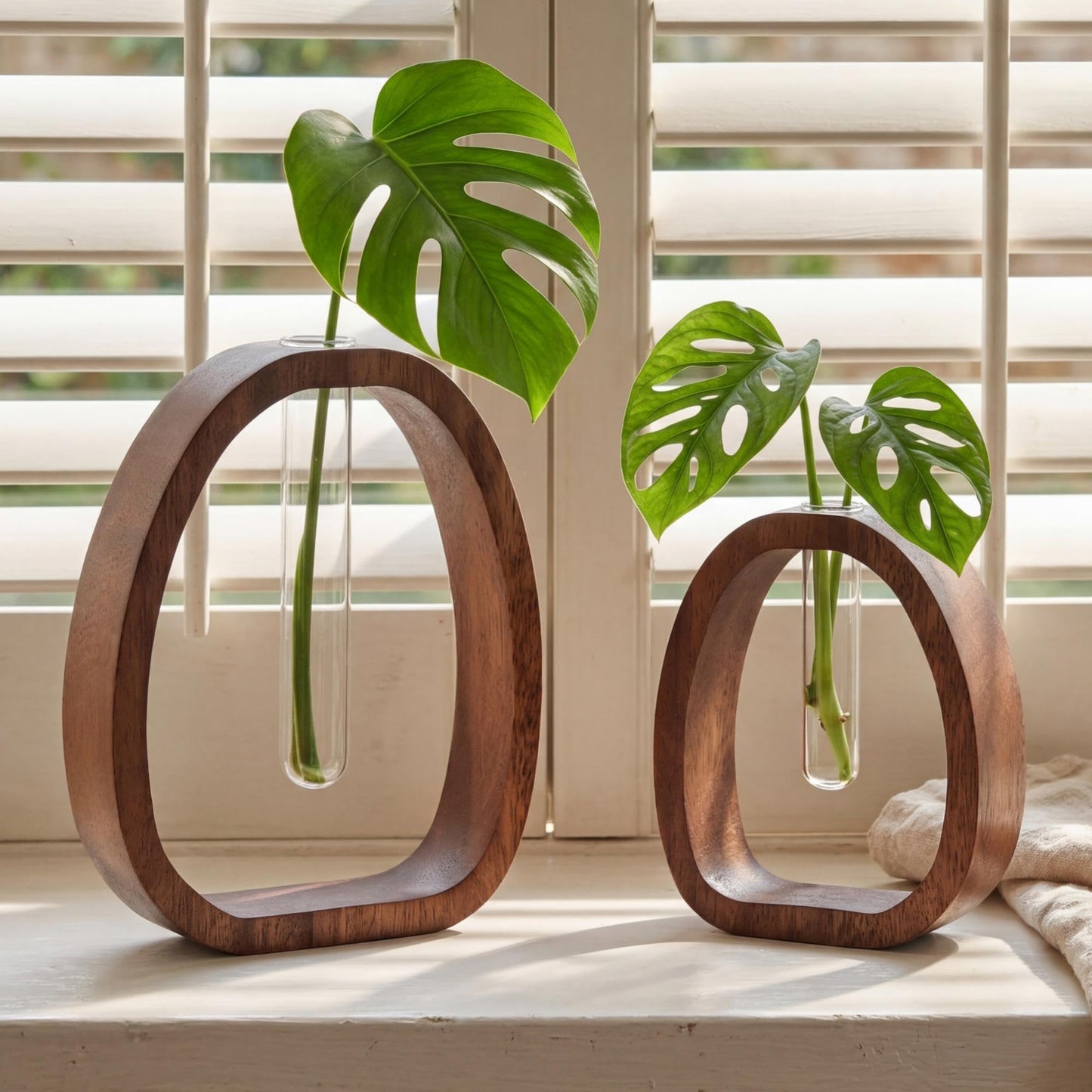 Houmury Walnut Wood Propagation Station Set of 2 Hydroponic Glass Test Tube Vases 7.5” & 5.8” for Plants Cuttings Modern Farmhouse Table Centerpieces for Home Office Desk Decor