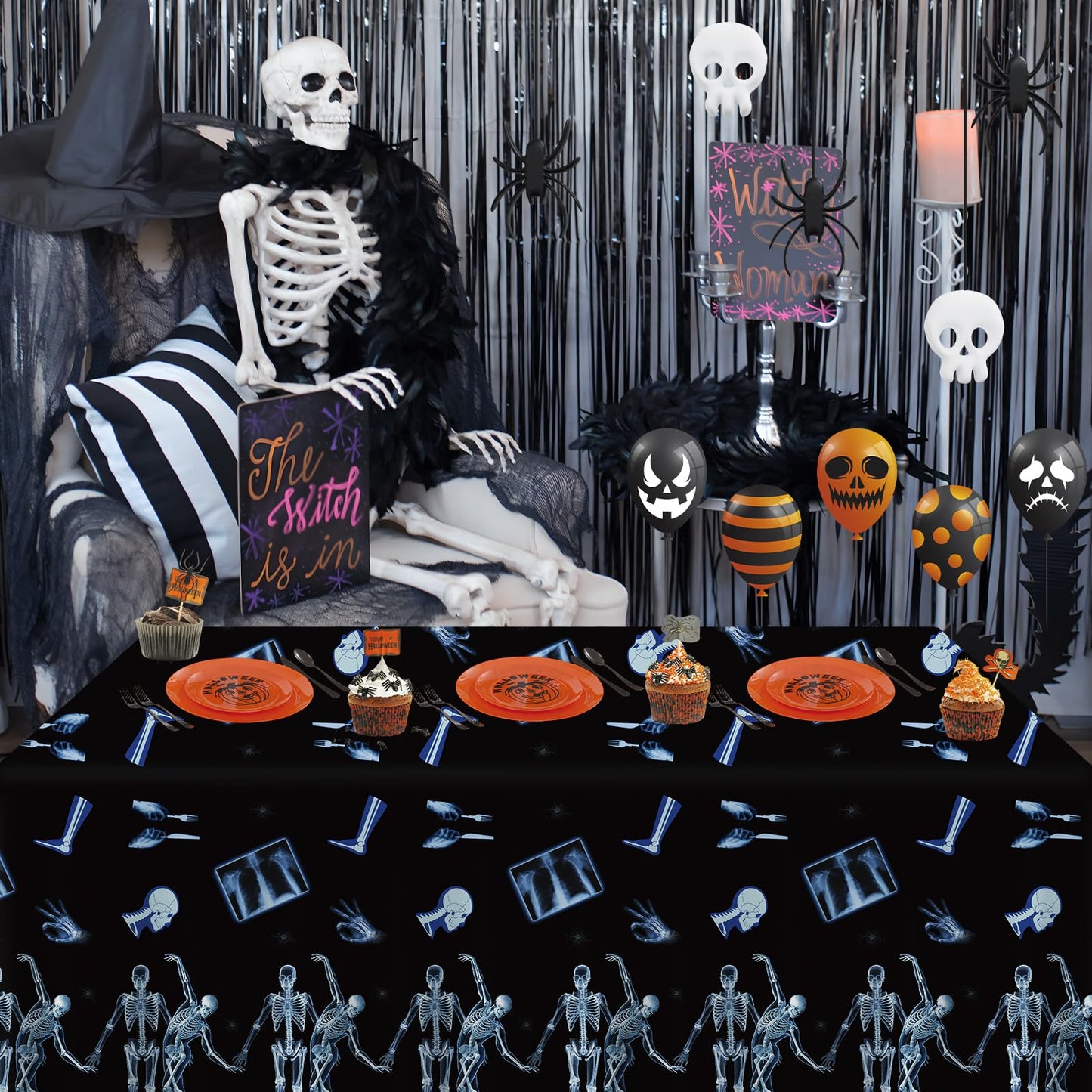 3 Pack Radiology X Ray Theme Disposable Tablecloths Halloween Funny Dancing Skeleton Table Cover Plastic Waterproof Table Cloth for Medical Party Radiology Doctor Birthday Graduation, 54 x 108 Inch