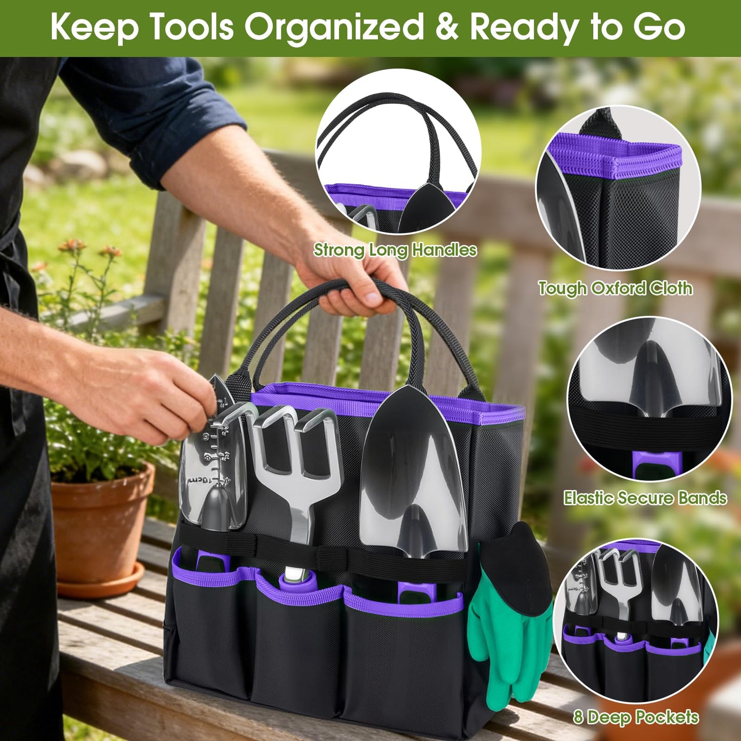 WOWBOX Garden Tools Set - 10 PCS, Heavy Duty Gardening Hand Tools Kit with Storage Tote, Rust-Resistant Gardening Supplies for Planting with Non-Slip Ergonomic Handle for Women and Men (Purple)