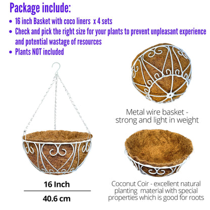 LaLaGreen Hanging Baskets for Plants (4 Pack, 16 Inch) Extra Large Hanging Flower Pot with Coco Liner White Metal Wire Round Plant Holder with Hanger Hook Chain Outdoor Patio Deck Balcony Garden Decor