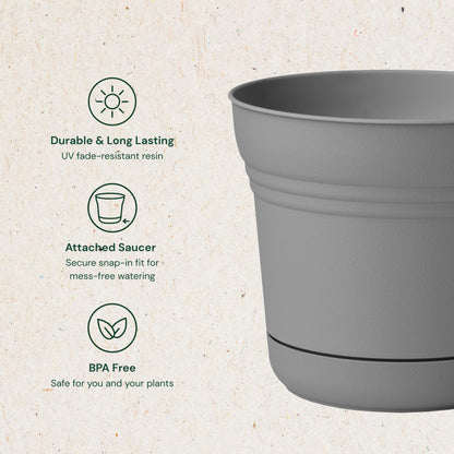 Bloem Saturn 5" Round Plastic Planter - Indoor/Outdoor, Snap-in Saucer & Drainage Holes, Charcoal, 4-Pack