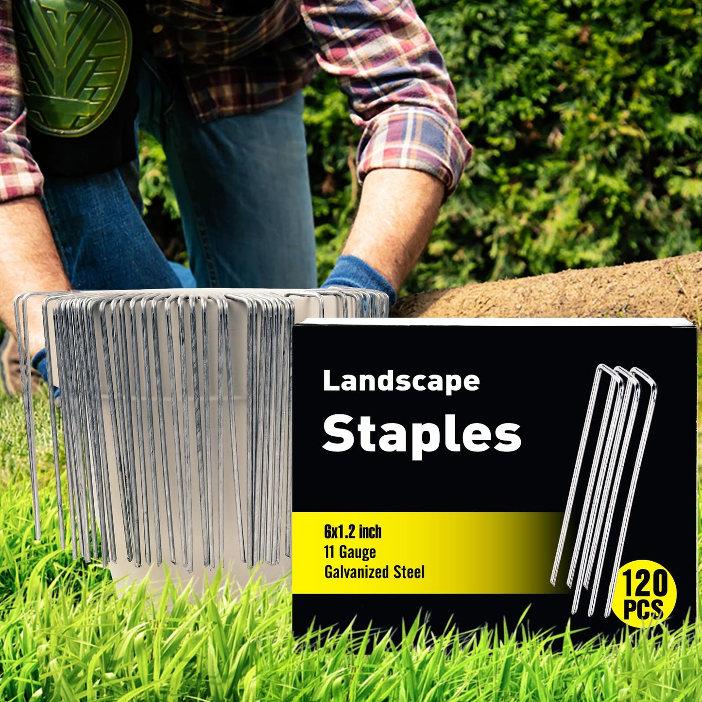 HongWay 120 Pack 6 Inch Landscape Staples 11 Gauge Garden Staples, Galvanized Ground Stakes SOD Pins, Lawn Yard Stakes for Gardening Plant Support Tent Fence Landscaping Fabric Outdoor Decorations