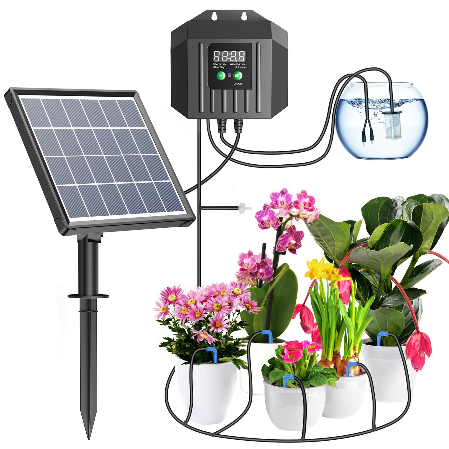 Biling 3W Solar Drip Irrigation System, Digital Programmable Smart Watering Kit with 2200mAh Battery for 15 Potted Plants Indoor/Outdoor Use