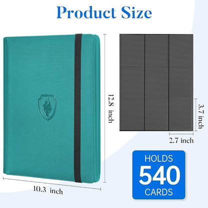 Premium 9 Pocket Card Binder for 540 Cards, Fabmaker PU Cover Trading Card Binder, Sturdy Card Collection Album, Sleek Card Holder Folders for Game Cards & Sports Cards, Turquoise