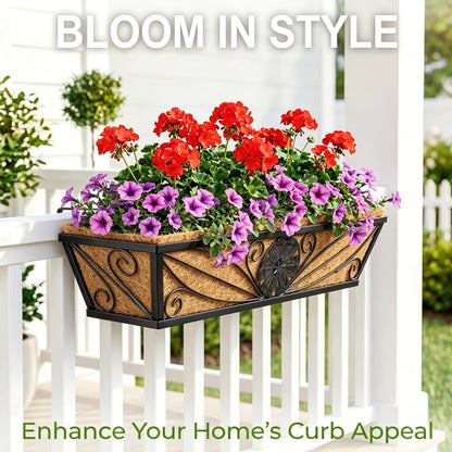 MUYEZHIYU 2 Pack 24 Inch Railing Planter Boxes with Coco Liner, Floral Scroll Metal Window Box Planters for Outdoor Plants, Black Hanging Window Baskets for Garden, Patio, Balcony Railing Decor
