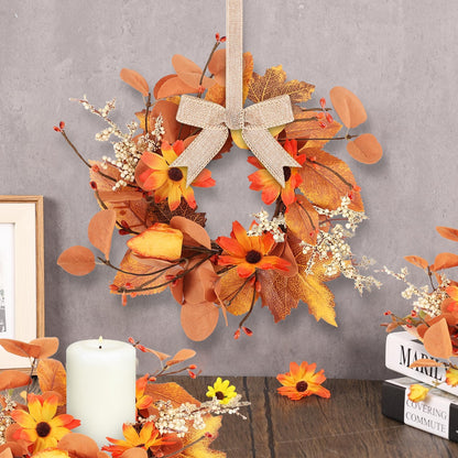6 Pcs 3 Inch Fall Floral Wreaths Autumn Harvest Sunflowers Pumpkins Leaves Berries Hanging Candle Rings Wreath Mini Thanksgiving Table Centerpiece Wreath for Pillar Cabinets Farmhouse Decoration