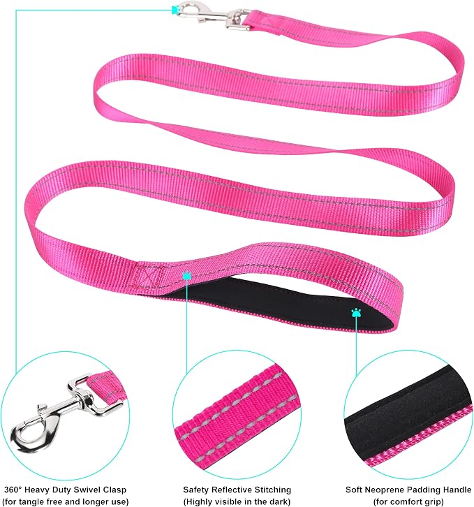 Soft Neoprene Padded Dog Collar and Leash Set for Small Medium Large Dogs, Reflective Durable Nylon Dog Collar with 5ft Leash Easy for Walking, Hot Pink,Neck fit 12.5-19.5’’